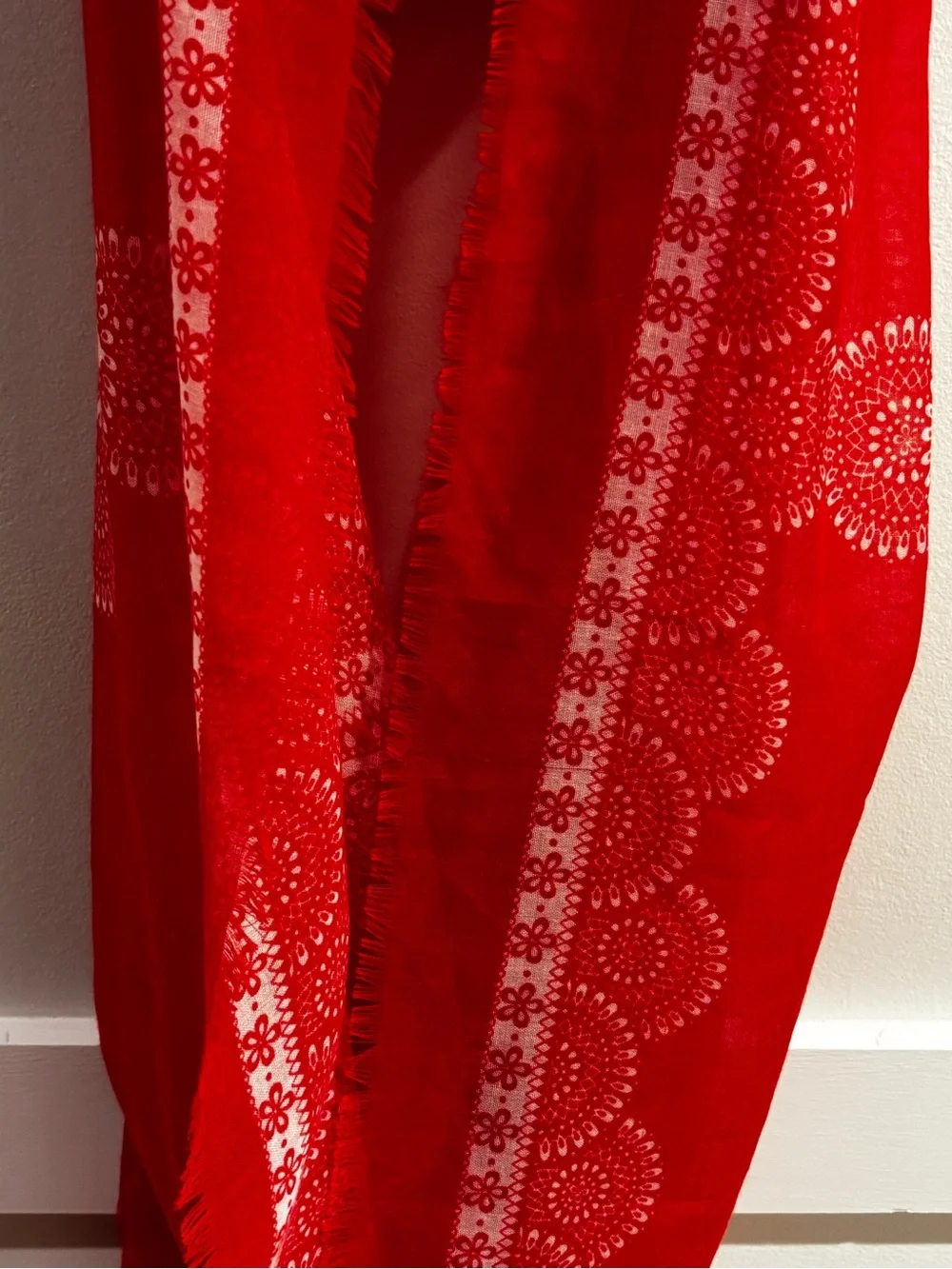 VTG vibrant red-and-orange lightweight infinity scarf with an ornate mandala